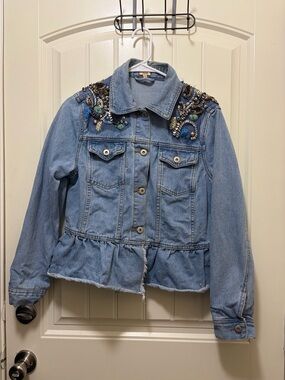 Reba Light Blue Embellished Denim Jacket with Peplum Hem